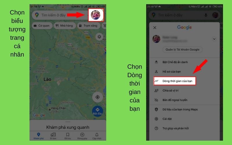 Bước 2: Mở ứng dụng Google Maps, chọn biểu tượng trang cá nhân ở góc trên bên phải màn hình, sau đó chọn Dòng thời gian của bạn.