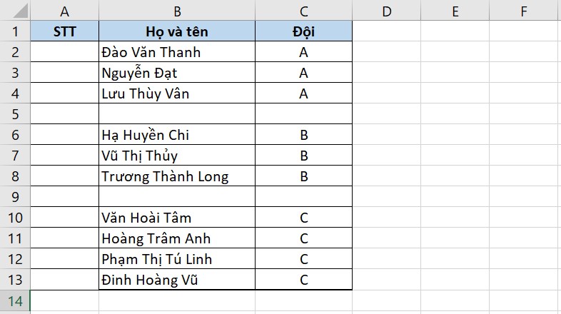 Cách sử dụng hàm SUBTOTAL trong Excel dễ hiểu, có ví dụ minh họa > Bảng dữ liệu với các ô trống, không trống xen kẽ