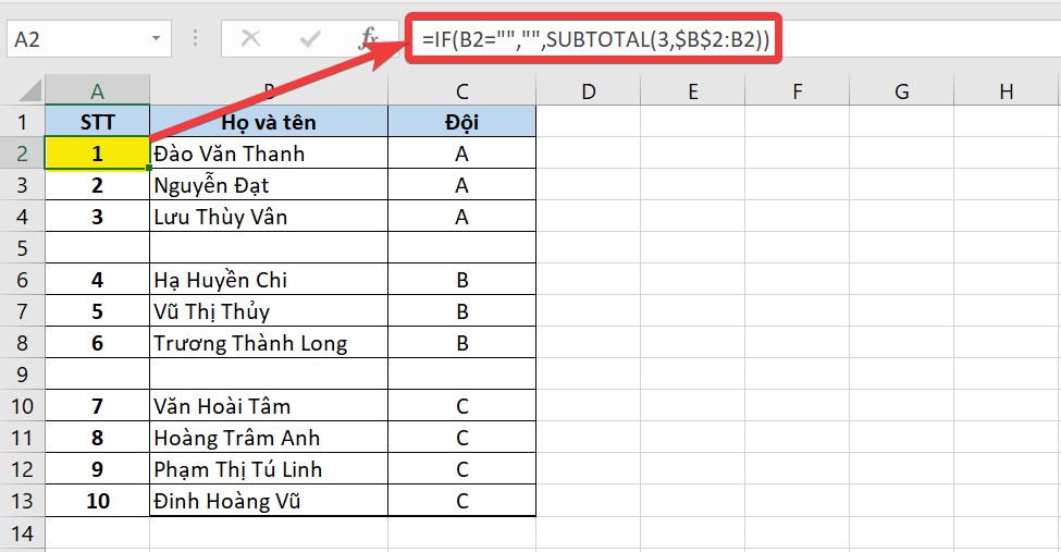 Cách sử dụng hàm SUBTOTAL trong Excel dễ hiểu, có ví dụ minh họa > Tại ô A2 nhập công thức hàm SUBTOTAL lồng với IF