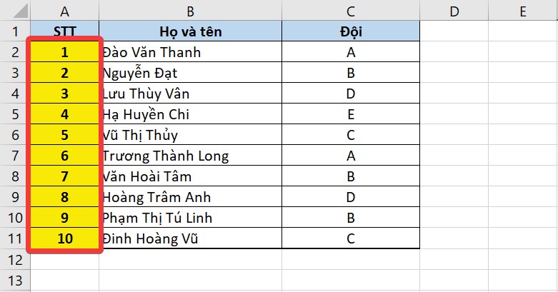 Kết quả sau khi đánh số thứ tự tự động với Auto Fill