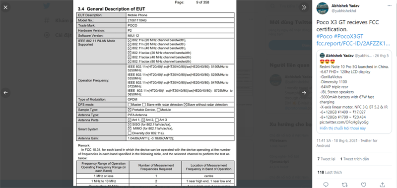 Leaker Abhishek Yadav chia sẻ thông tin POCO X3 GT đạt chứng nhận FCC Leaker Abhishek Yadav chia sẻ thông tin POCO X3 GT đạt chứng nhận FCC