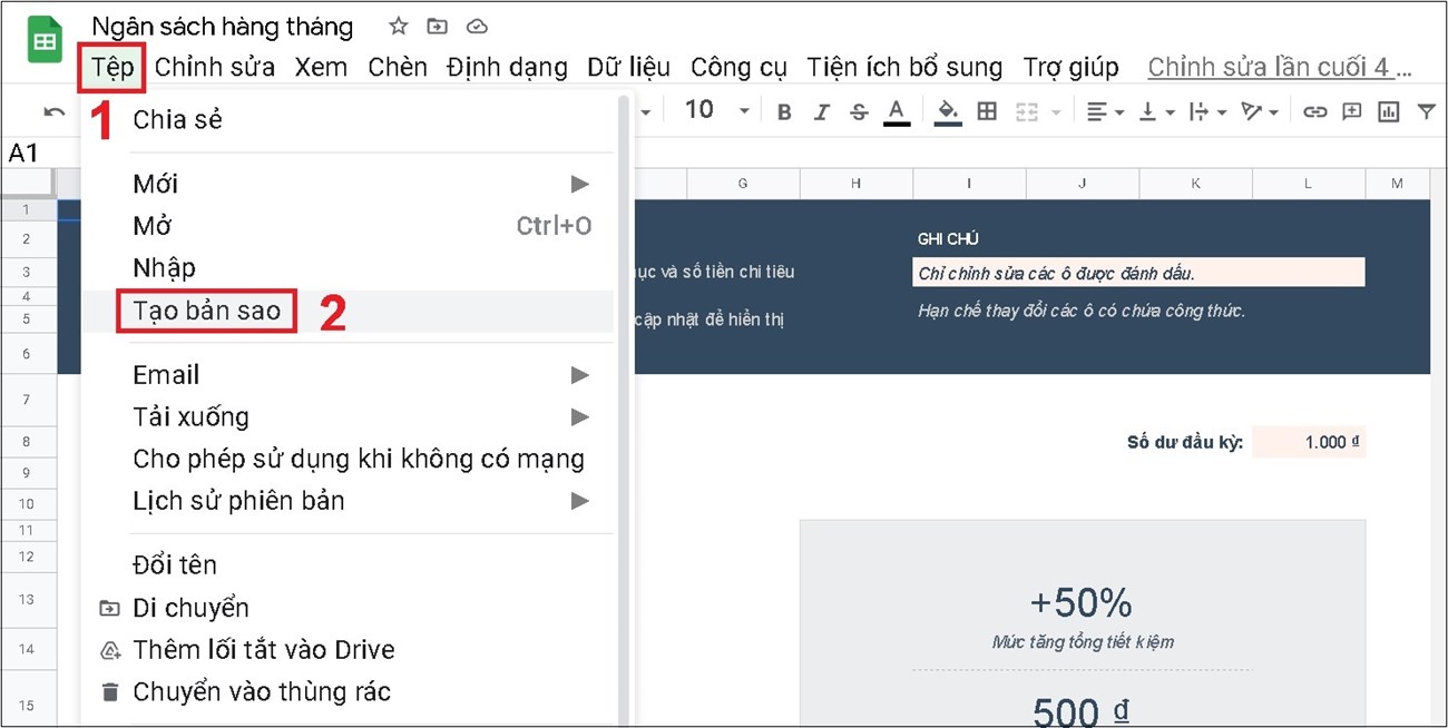 Mở file Google Sheet mà bạn muốn chia sẻ. Nhấn vào Tệp ở trên cùng bên trái, chọn Tạo bản sao.