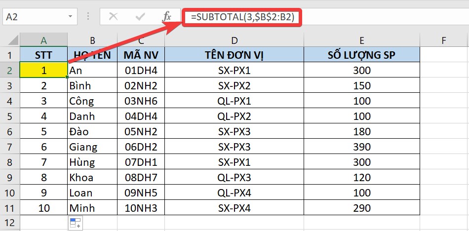 Dùng SUBTOTAL để đánh số thứ tự tự động