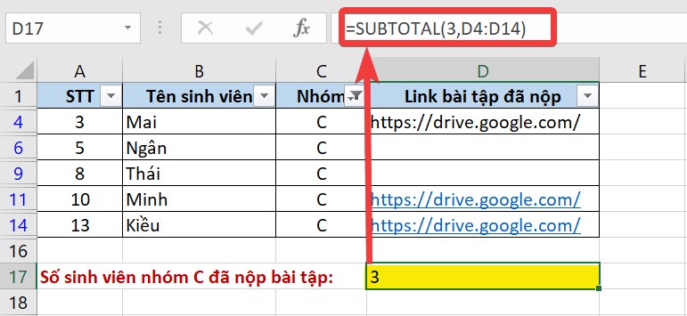 Cách sử dụng hàm SUBTOTAL trong Excel dễ hiểu, có ví dụ minh họa > Hàm SUBTOTAL được dùng trong việc đếm các ô không trống sau khi lọc