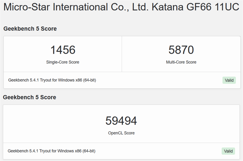 Điểm hiệu năng của MSI Katana GF66 được chấm bằng phần mềm GeekBench 5.