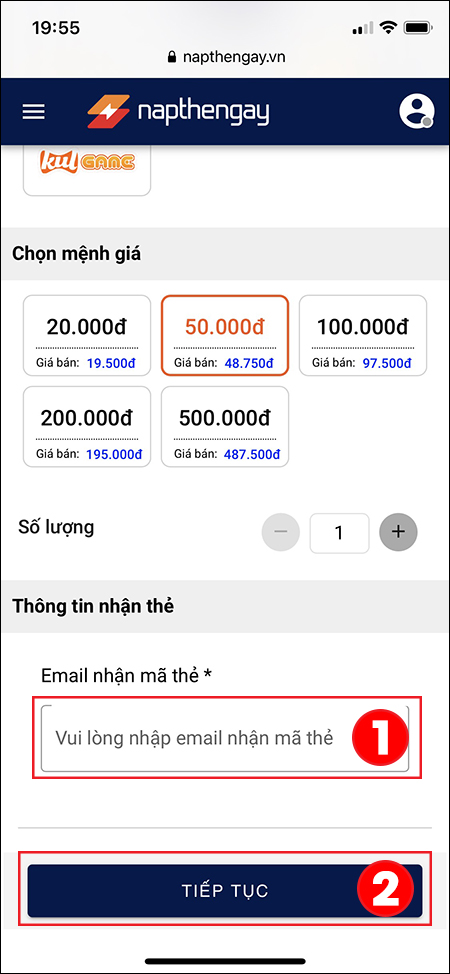 Nhập email nhận mã thẻ và chọn Tiếp tục