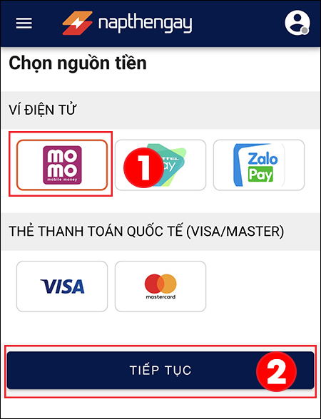 Chọn biểu tượng Ví MoMo và nhấn Tiếp tục