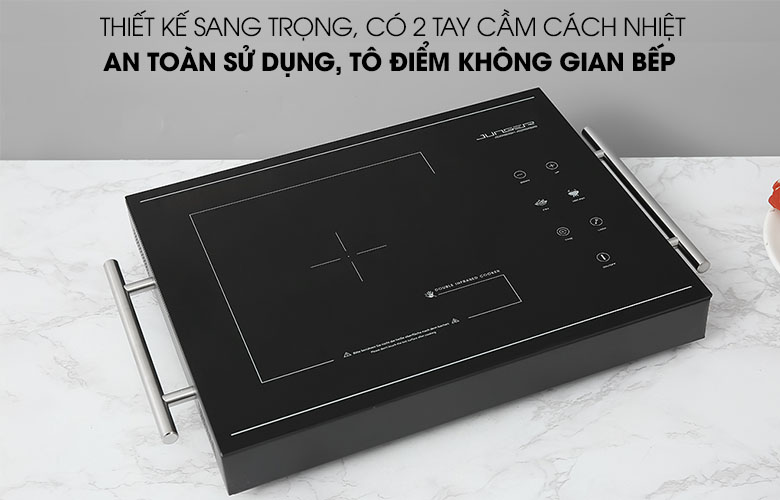 Bếp hồng ngoại Junger MT-21 sở hữu thiết kế sang trọng, có 2 tay cầm cách nhiệt