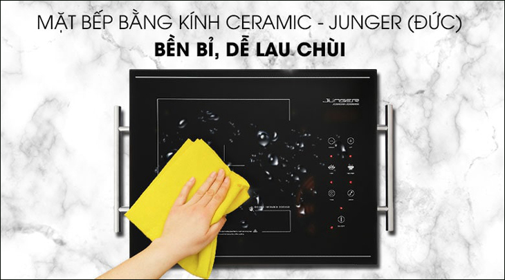 Mặt kính bếp được làm từ chất liệu kính Ceramic bền bỉ, chịu được va đập mạnh, chống trầy xước hiệu quả