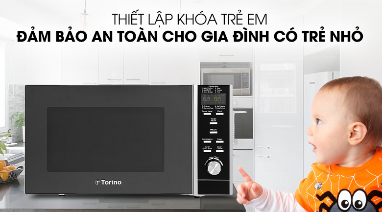 Lò vi sóng Torino có khóa an toàn cho trẻ em, phù hợp với gia đình có trẻ nhỏ