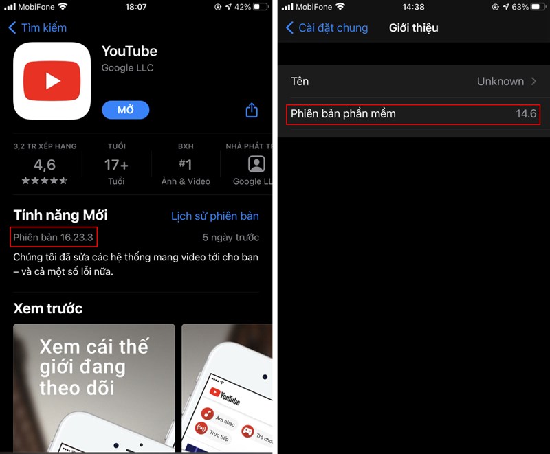 Số hiệu phiên bản YouTube (bên tái) và bản cập nhật iOS (tay phải) trên chiếc iPhone 8 Plus của mình