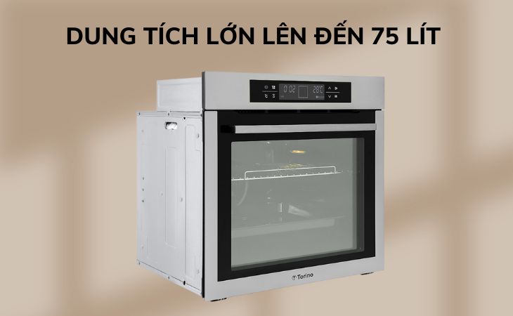 Lò nướng âm tủ Torino T0B10FCP-2SV 75 lít có dung tích lớn, đáp ứng tốt mọi nhu cầu sử dụng