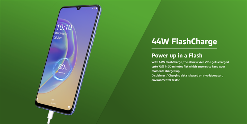 Vivo V21e 5G được tích hợp công nghệ sạc nhanh 44 W