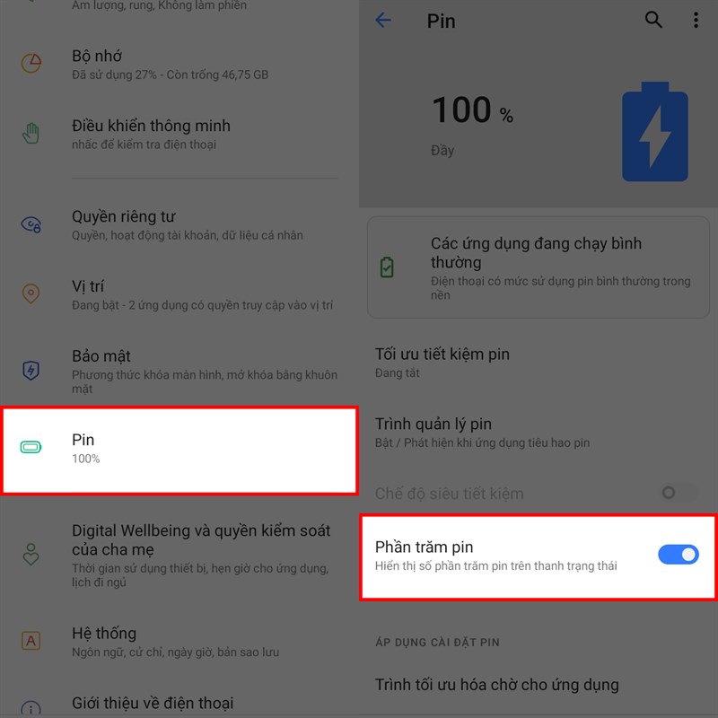 Hiển thị % pin lên thanh thông báo 