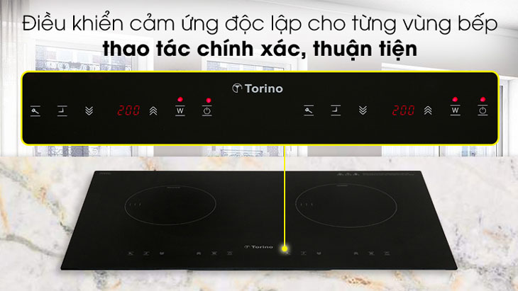 Bếp từ Torino được tích hợp bảng điều khiển cảm ứng riêng cho từng vùng nấu