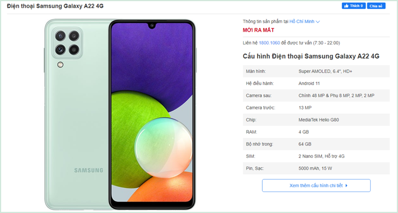 Galaxy A22 4G được liệt kê trên trang sản phẩm của Trung Tâm Bảo Hành