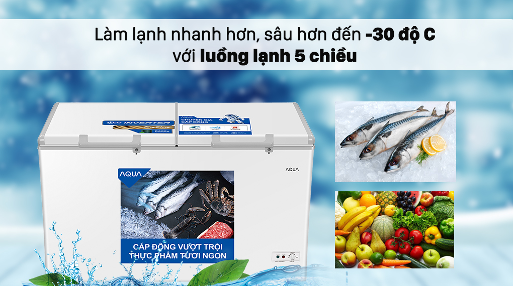 Tủ đông AQUA sử dụng công nghệ cấp đông thực phẩm nhanh chóng với luồng lạnh 5 chiều