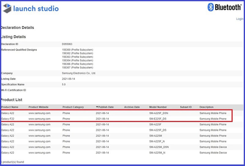 Samsung Galaxy F22 xuất hiện trong danh sách chứng nhận Bluetooth SÌG