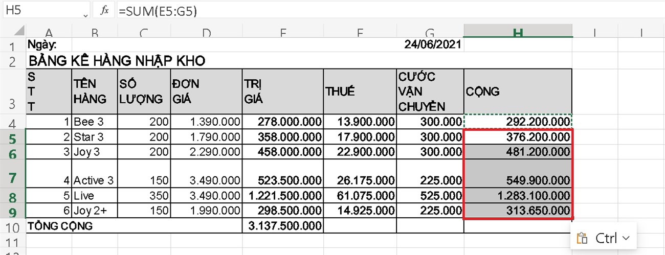 Tiếp theo chọn các ô cùng dùng công thức đó rồi nhấn tổ hợp phím Ctrl + V.