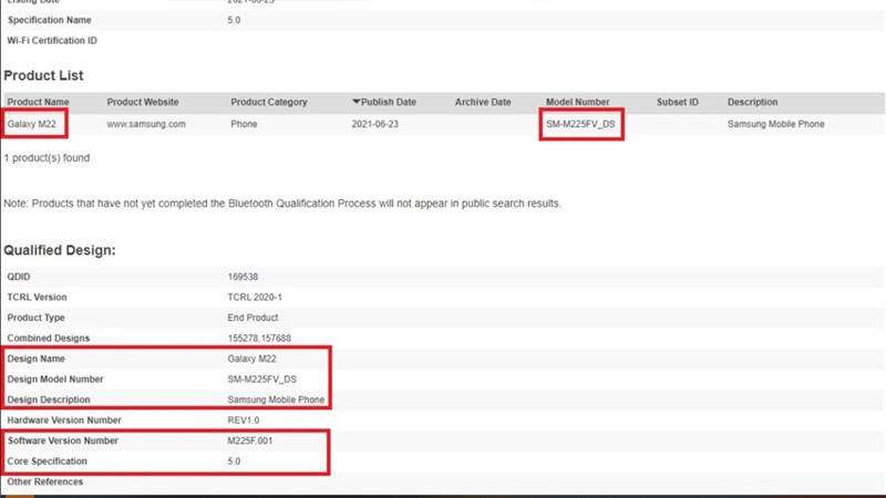Samsung Galaxy M22 lộ diện trong danh sách chứng nhận Bluetooth SIG