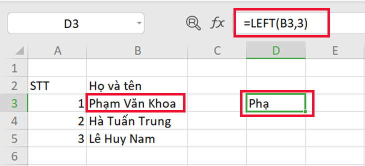 Ví dụ về hàm LEFT