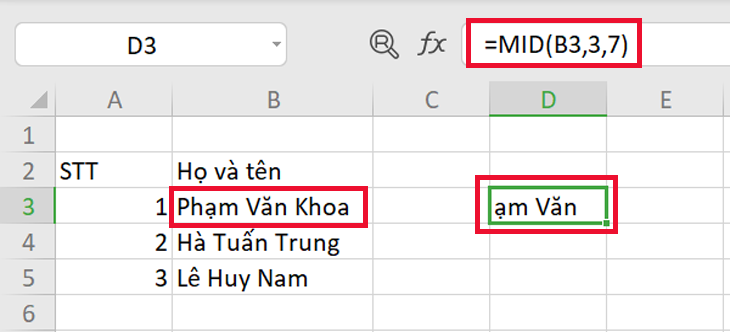 Ví dụ về hàm MID