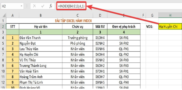 Ví dụ về hàm INDEX