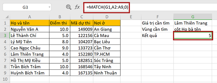 ví dụ về hàm MATCH