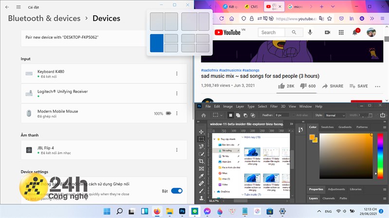 Windows 11 hỗ trợ tính năng Snap Layouts hỗ trợ đa nhiệm tốt hơn.[