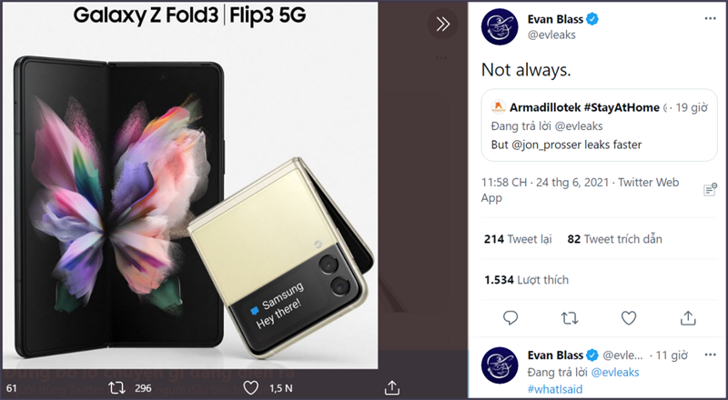 Leaker Evan Blass chia sẻ ảnh render chính thức của Galaxy Z Fold3 và Galaxy Z Flip3