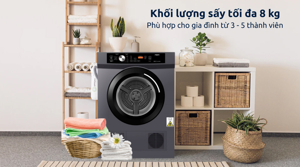 Máy sấy thông hơi Aqua 8 kg AQH-V800H SS sở hữu gam màu xám sang trọng, thiết kế nhỏ gọn, đang có giá bán là 8.990.000đ (thông tín giá cập nhật tháng 05/2023, có thể thay đổi theo thời gian.