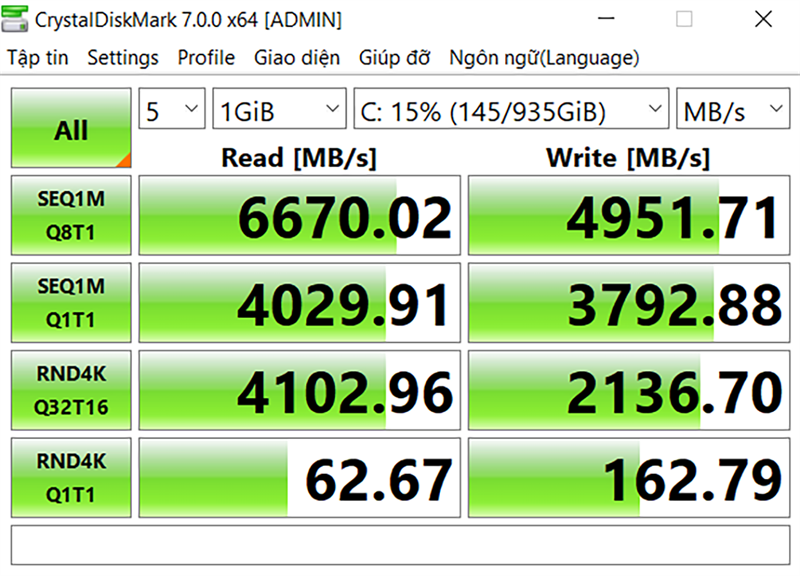Đo tốc độ đọc/ghi của ổ cứng SSD 1 TB bên trong MSI GP76 Leopard.