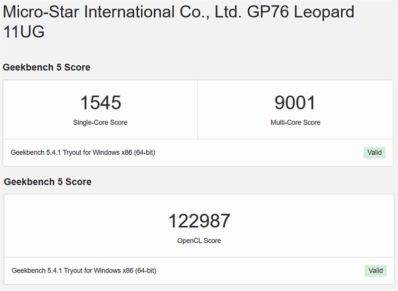 Điểm GeekBench 5 của MSI GP76 Leopard.