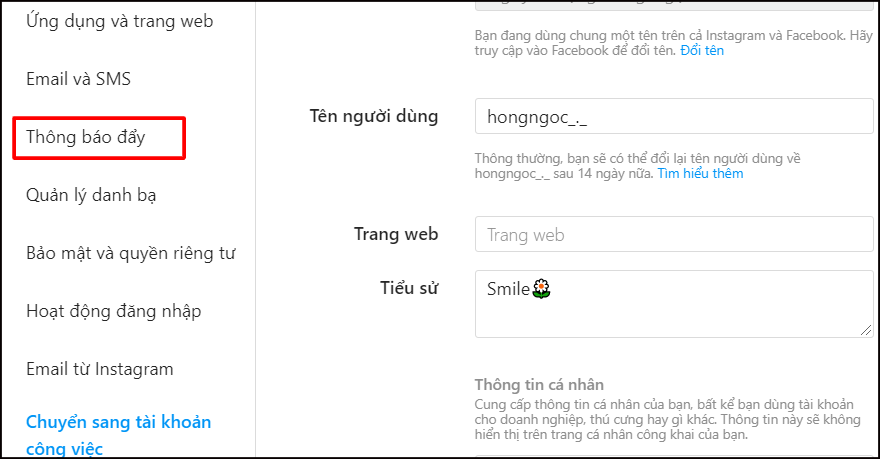 Hướng dẫn cách bật & tắt thông báo Instagram trên điện thoại, máy tính > Tại mục Chỉnh sửa hồ sơ, bạn nhấn vào mục đẩy thông báo trến máy tính của bạn