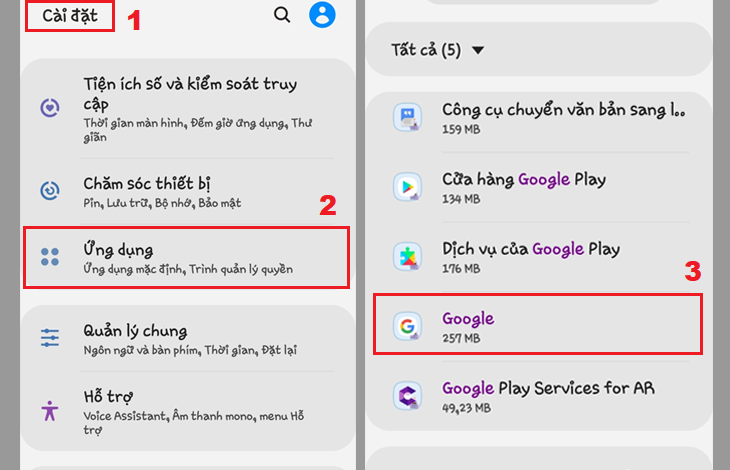 Đầu tiên, bạn vào Cài đặt trong điện thoại. Sau đó nhấn vào Ứng dụng và chọn Google.