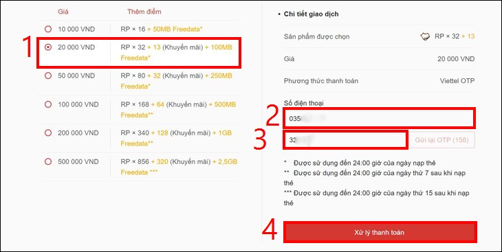 nhập OTP và chọn xử lý thanh toán