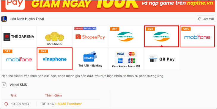 Chọn phương thức thanh toán SMS theo nhà mạng