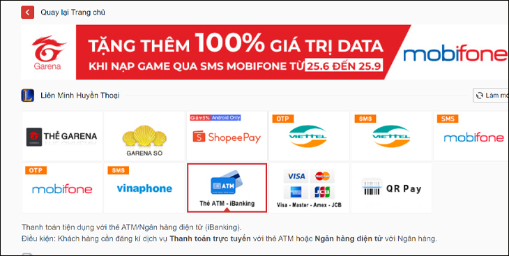 Chọn hình thức thanh toán nạp thẻ qua ATM - iBanking