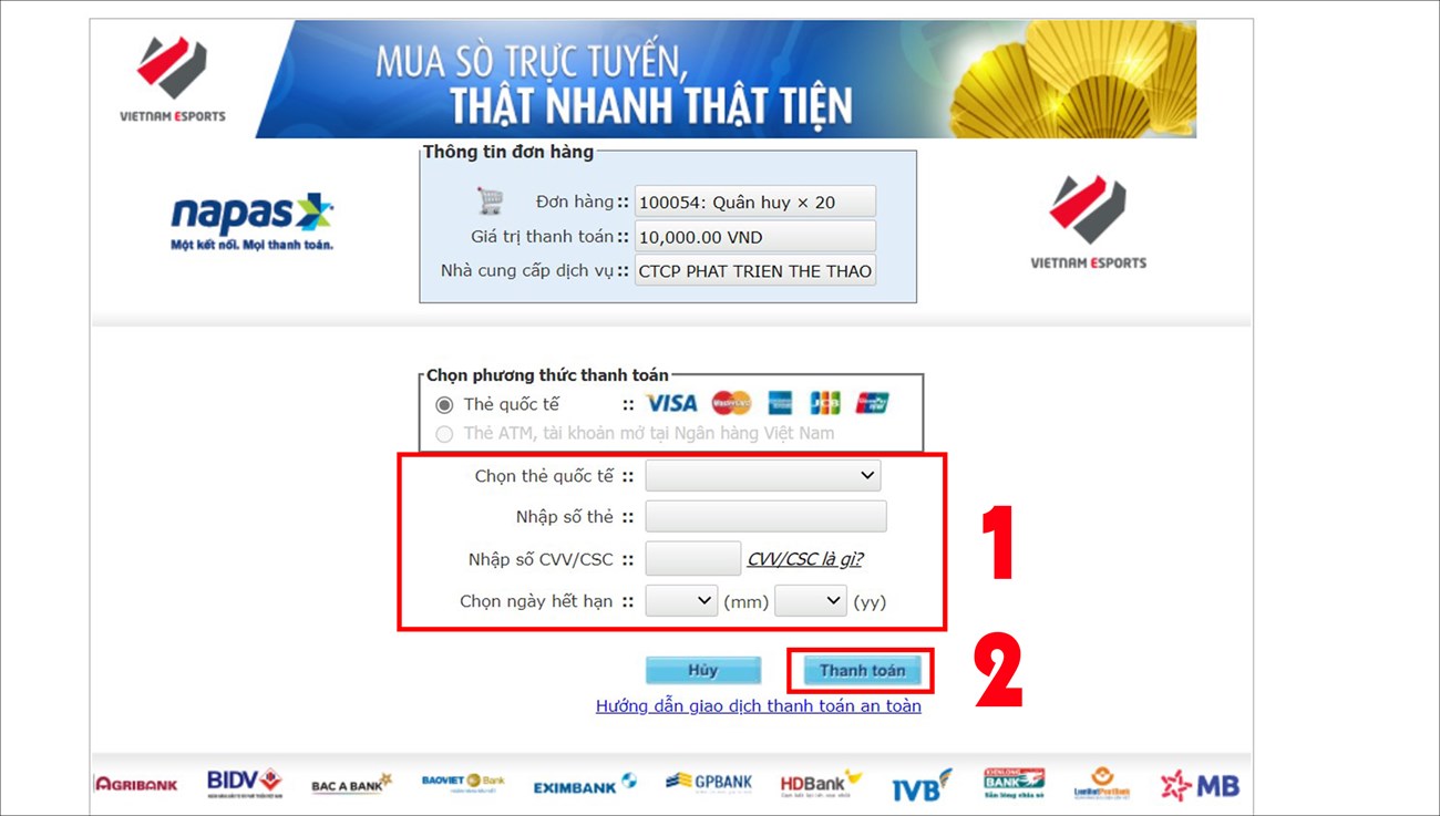 Chọn thẻ quốc tế và Nhập thông tin yêu cầu > Chọn Thanh toán.