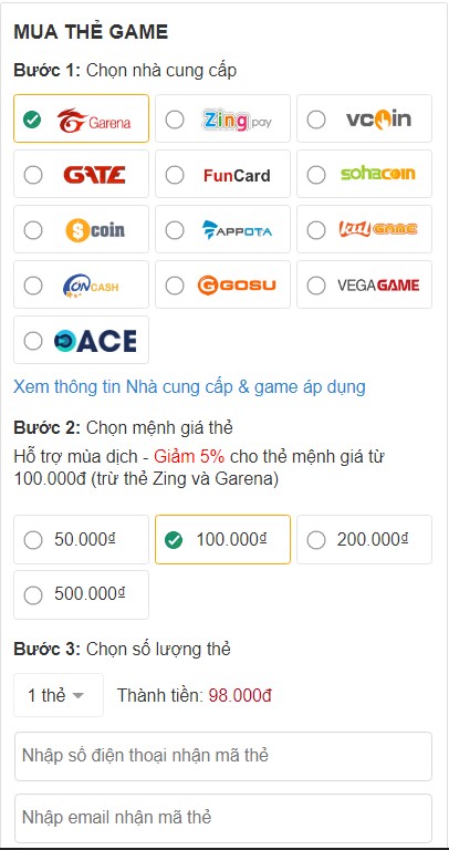 Bạn có thể nạp thẻ Garena qua website của Điện máy XANH