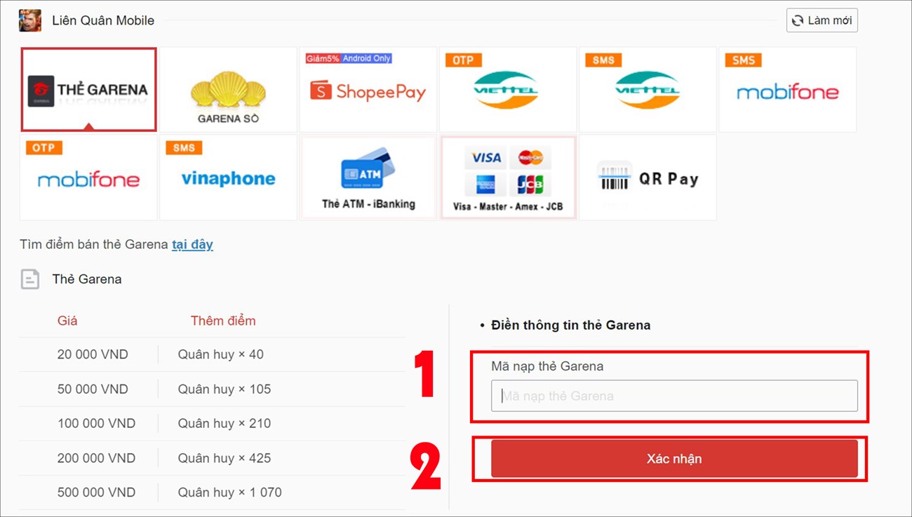 Nhập chính xác Mã nạp thẻ Garena > Xác nhận