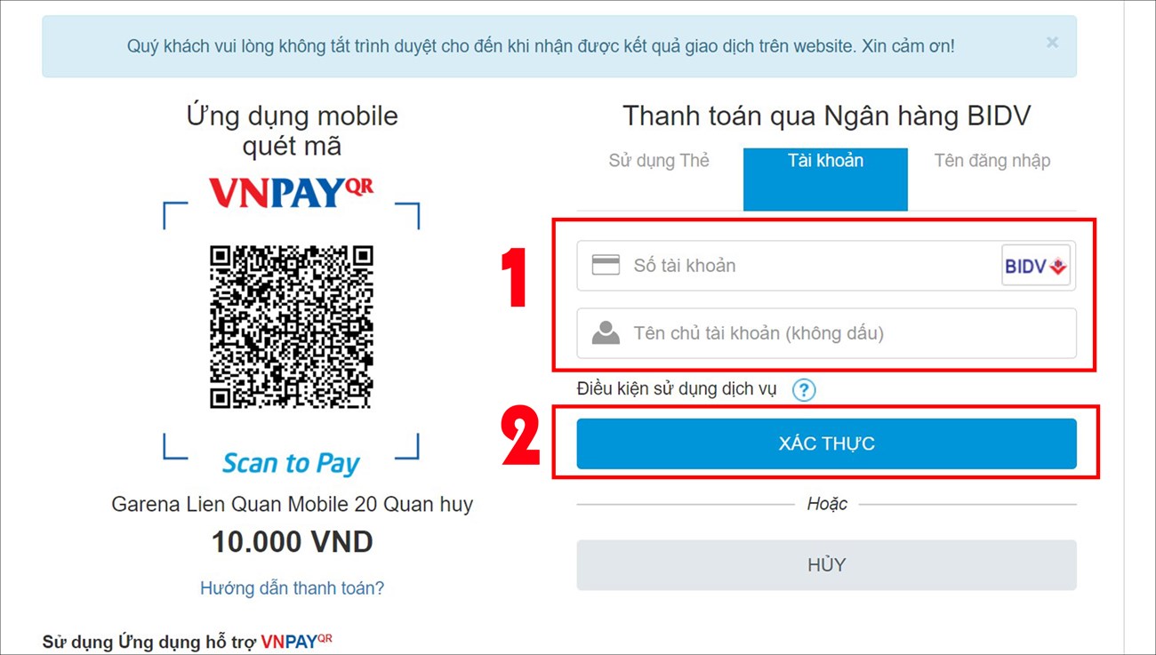 Nhập thông tin thẻ > Chọn Xác thực