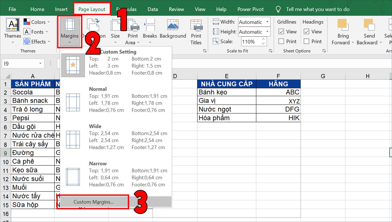 Chọn mục Page Layout > Margins > Chọn Custom Margins