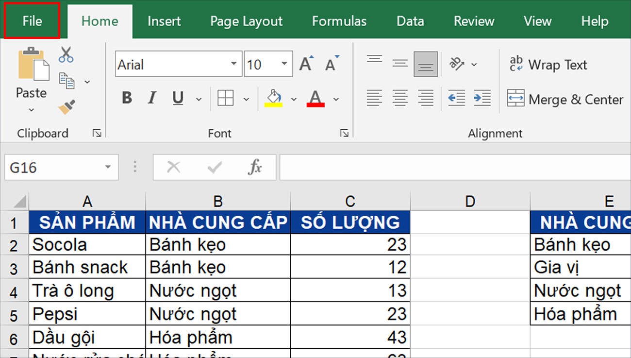 Mở tài liệu Excel > Chọn mục File