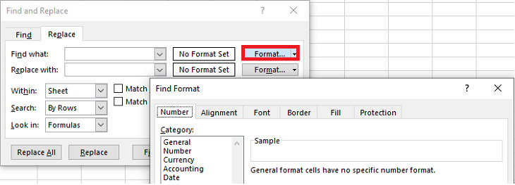 Bạn hãy nhấn tổ hợp phím Ctrl+F sau đó mở hộp thoại Find & Replace chọn Option > > , sau đó nhấp vào tab Format -> chọn Find Format.