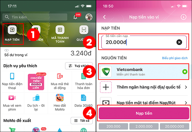 Chọn Nạp tiền vào ví > Nhập số tiền
