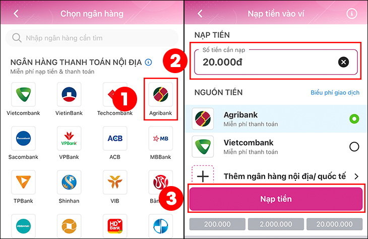 Chọn vào ngân hàng > Nhập số tiền