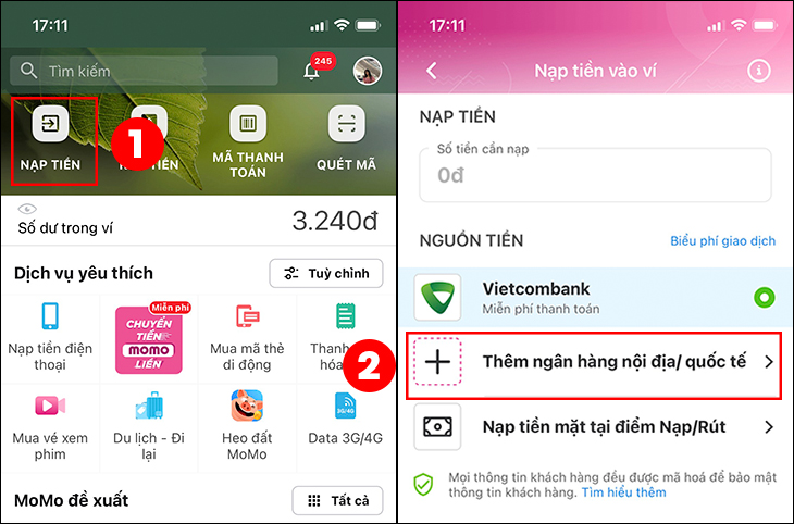 Chọn Nạp tiền vào ví > Chọn Thêm ngân hàng nội địa/quốc tế