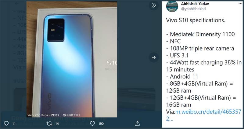 Ảnh chụp mặt lưng của Vivo S10 được leaker Abhishek Yadav chia sẻ trên Twitter