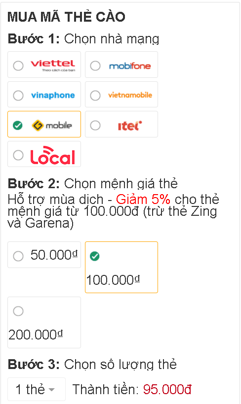 Mua thẻ nạp qua hệ thống Điện máy XANH/Thế Giới Di Động